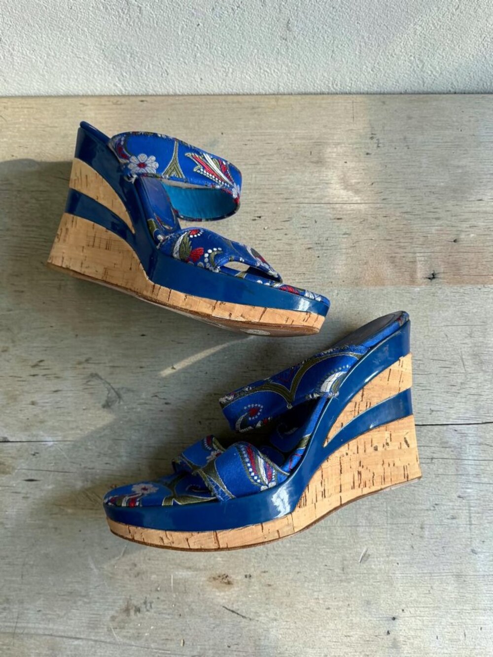 CASADEI Blue Floral Cork Sandals Wedges Size 10/11